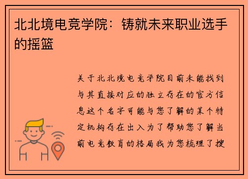 北北境电竞学院：铸就未来职业选手的摇篮